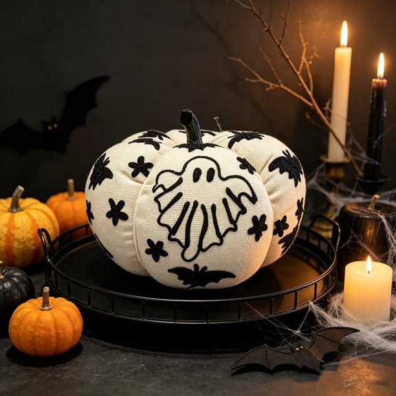Pumpkin Tabletop Ornament, Halloween Linen Stuffed Pumpkin with Black Embroidered Ghost Flower Patterns, Thanksgiving Fall Table Home Decor