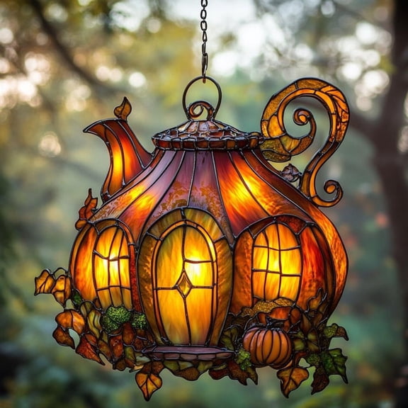 Pumpkin Teapot Faux Stained Glass Acrylic Suncatcher, Autumn Lantern Window Hanging Gift for Her or Cozy Fall Home Decor