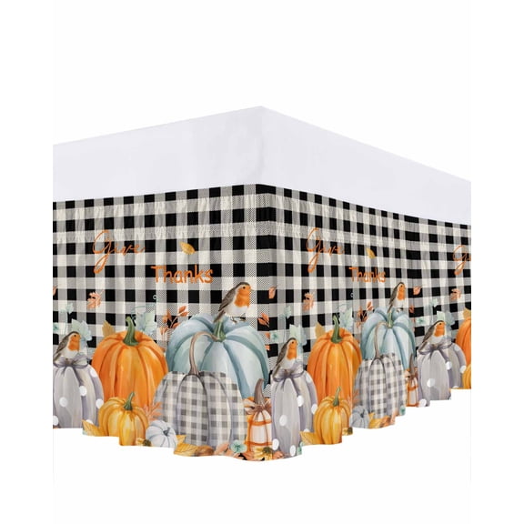 Pumpkin Thanksgiving Bed Skirt King Size 16 Inch Drop, Fall Bird Give Thanks Black Plaid Wrap Around Dust Ruffle Bedskirts, Wrinkle & Fade Resistant Easy Fit Bedskirt with Adjustable Elastic