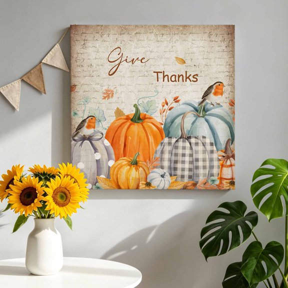 Pumpkin Thanksgiving Canvas Wall Art for Living Room, Fall Bird Give Thanks Poster Print Painting for Bedroom Office Home Decoration Wall Pictures Prepare To Hang 8"x8"