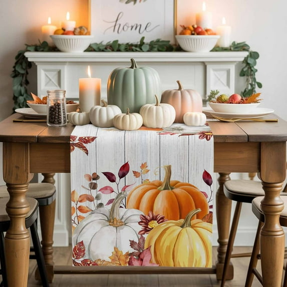 Pumpkin Thanksgiving Cotton Linen Table Runner, Washable Table Runners for Kitchen, Dining Room, Holiday, Home Party Table Decor, 13x72 Inches