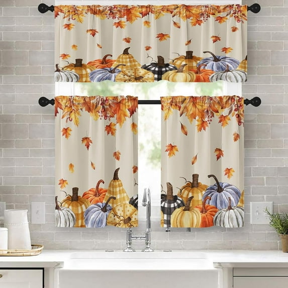 Pumpkin Thanksgiving Fall Kitchen Window Curtains Valance and Tier Set 36 Inch, Autumn Vintage Orange Maple Leaf 3 Piece Window Treatment Tiers for Living Room Bedroom Kitchen Decor Drapes