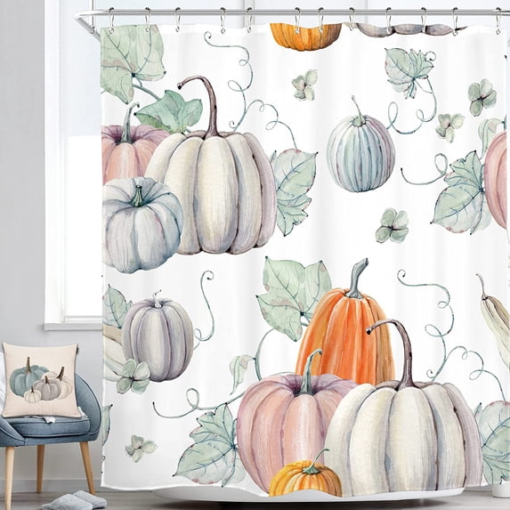 Pumpkin Thanksgiving Fall Shower Curtain Bathroom Decor 72Wx72L Inch Harvest Autumn Watercolor Halloween Green Leaves 12 Pack Shower Hooks Polyester Fabric Bathtub
