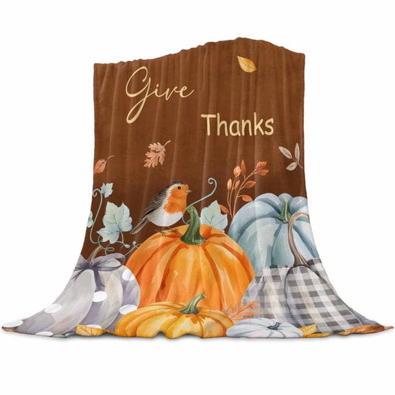 Pumpkin Thanksgiving Flannel Blanket for Bed,Travel and Camping, Fall Bird Give Thanks Super Soft Cozy Blanket for All Seasons 30"x40"