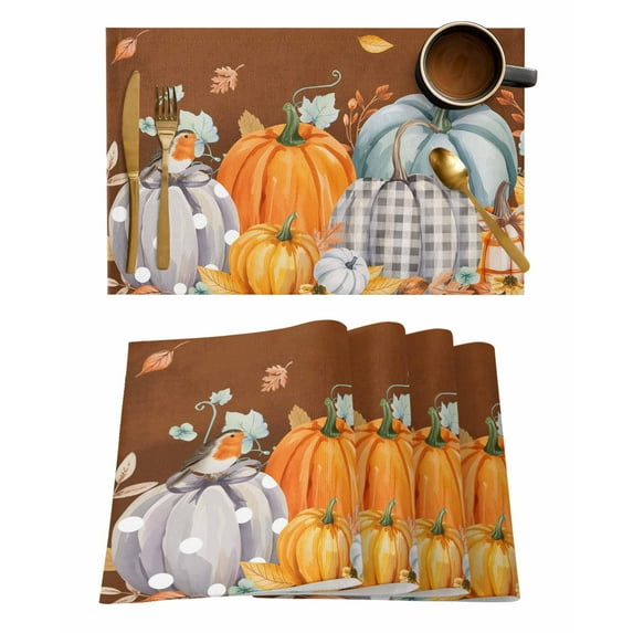 Pumpkin Thanksgiving Placemats Set of 2 Fall Bird Give Thanks Brown Heat Insulation Washable Place Mats, Rustic Non-Slip Table Mats for Dining Table Party Kitchen Decor,13x19 Inch