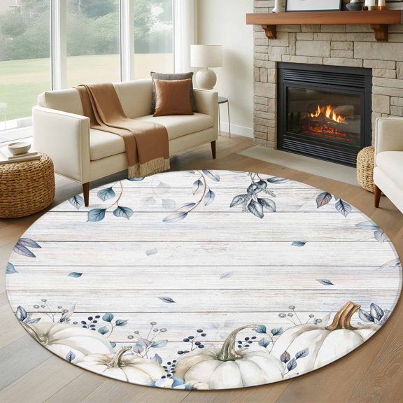 Pumpkin for Thanksgiving Round Rug 8 ft Fall Leaf Farm Wood Plank Soft Area Rug for Living Room Washable Non-Slip Carpet Indoor Mat for Bedroom Dining Room Holiday Decor