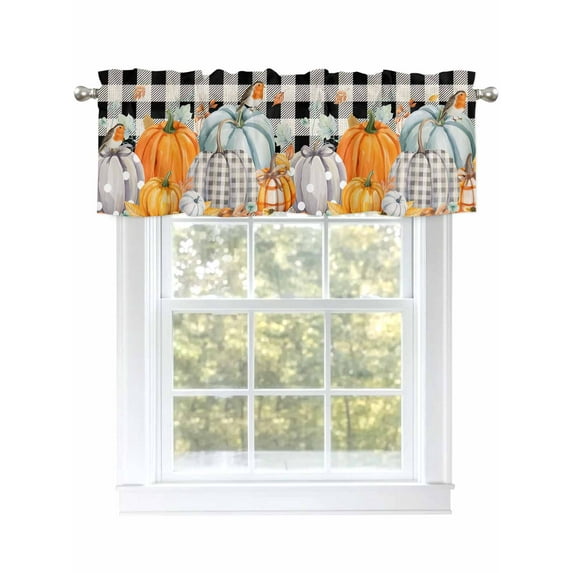 Pumpkin Thanksgiving Valances for Windows Fall Bird Give Thanks Black Plaid Kitchen Valance Curtain Rod Pocket Small Curtains for Cafe Bathroom Laundry Basement 60" x 18"