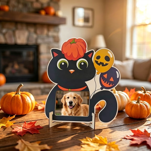 Pumpkin Themed Wooden Picture Frame, Halloween Hollow Cutout Photo Frame, Desktop Ornament for Party Activity Home Table Holiday Display Use