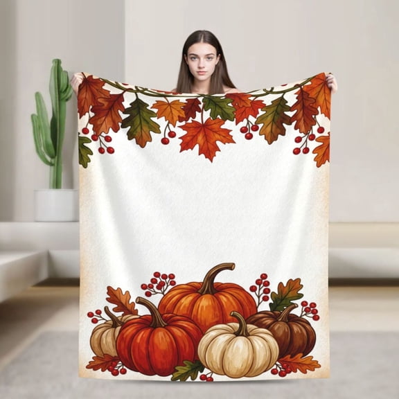 Pumpkin Throw Blanket, Autumn Pumpkin Leaves Artwork, Cozy Flannel Blanket for Fall Home Decor, Warm Farmhouse Style Throw for Sofa Couch 50x40