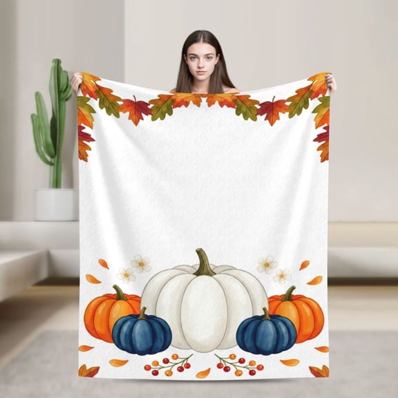 Pumpkin Throw Blanket, Autumn Pumpkin Leaves Artwork, Cozy Flannel Blanket for Fall Home Decor, Warm Farmhouse Style Throw for Sofa Couch 50x40