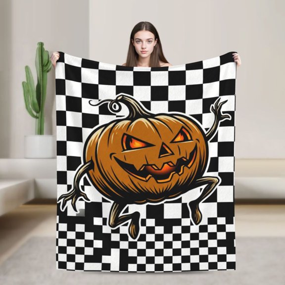 Jack O Lantern Blanket, Halloween Scary Running Monster Checkerboard Print, Warm Flannel Couch Throw, Gift for Horror Fans 50x40