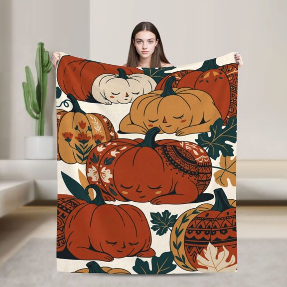 Pumpkin Blanket, Fall Boho Sleeping Folk Art Floral Geometric Print, Cozy Flannel Bed Throw, Gift for Boho Lovers 50x40