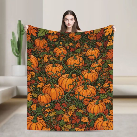 Pumpkin Blanket, Fall Green Vine Gourd Autumn Leaf Patch Print, Warm Flannel Couch Throw, Gift for Pumpkin Lovers 50x40
