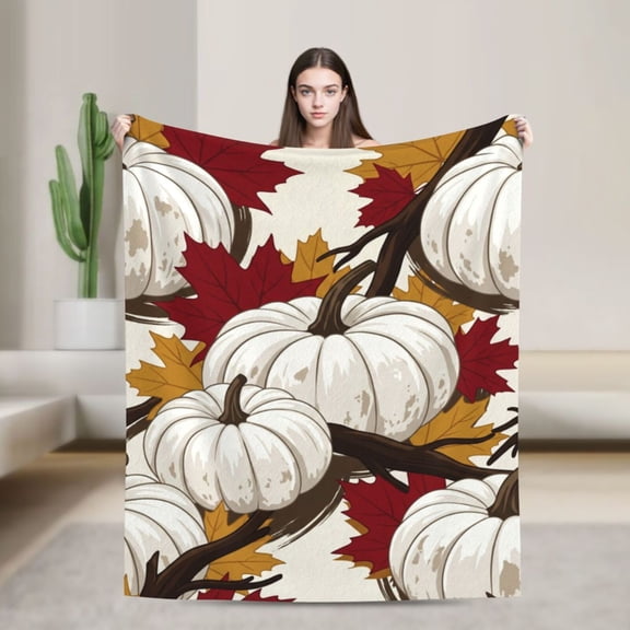 Pumpkin Throw Blanket White Pumpkin Orange Leaves Soft Fuzzy Plush Cozy Blankets for Couch Sofa Bed Lounging Fall Flannel 50x40