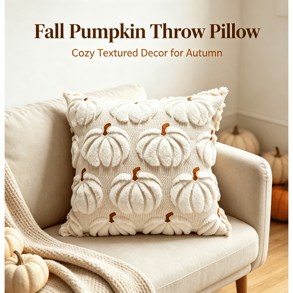 Pumpkin Throw Pillow Cover, Cream Textured Autumn Accent Cushion with Brown Stem, Fall Halloween Thanksgiving Sofa Decor, 18x18in