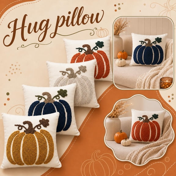 Pumpkin Throw Pillow Cover, Textured Embroidered White Pumpkin Decor Design, for Fall Halloween Decor Home Couch Porch, Holiday Gift for Family Friends, Soft Linen Blend, 18X18