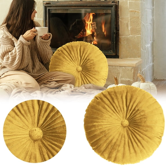 Pumpkin Throw Pillow Velvet Round Pillow Decorative Pleated Cushion with Center Button,13.7” Soft Floor Pillow for Sofa Couch Bed Vanity Chair Living Room Halloween Decoration(C)