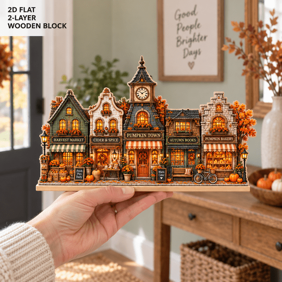 Pumpkin Town Shops Wooden Block for Autumn Street Scene Shelf Decor
