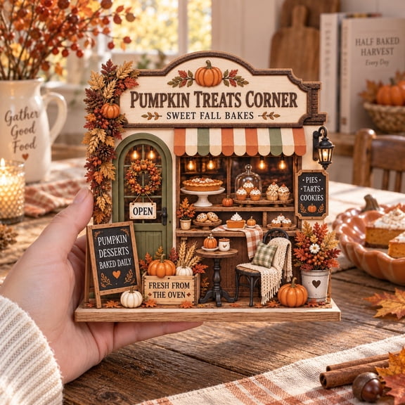 Pumpkin Treats Corner Wooden Block for Fall Baker Tabletop Decor