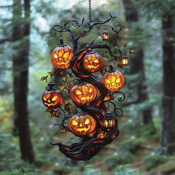 Pumpkin Tree Acrylic Window Hanging Faux Stained Glass Halloween Suncatcher With Jack-O-Lanterns, Spooky Fall Forest Decor
