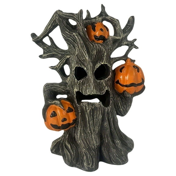 Pumpkin Tree Shape Sculpture Ornament Decoration Home Décor Crafts, Spooky Design With Three Carved Jack-O'-Lanterns And Eerie Twisted Trunk, Indoor Outdoor Tabletop