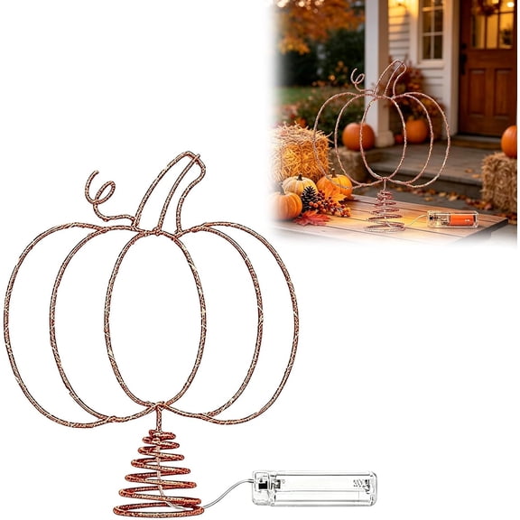 Pumpkin Tree Topper with LED Lights, Metal Hollow Out Light Up Treetop Ornament for Fall Halloween Thanksgiving Christmas Decor