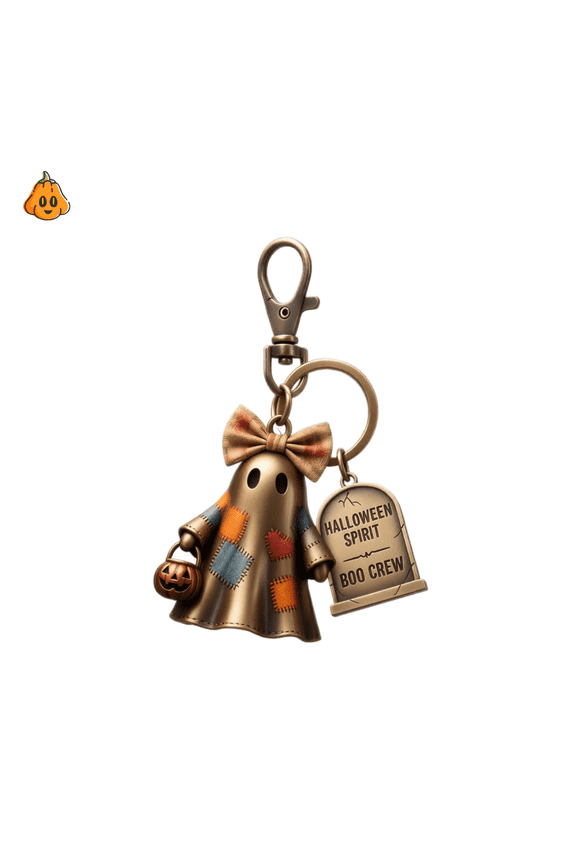 Pumpkin Trick-or-Treat Ghost Keychain, Halloween Spirit Resin Bag Charm, 3D Patchwork Ghost Backpack Pendant with Engraved Tag, Holiday Accessory, Halloween Decor & Summerween Decor