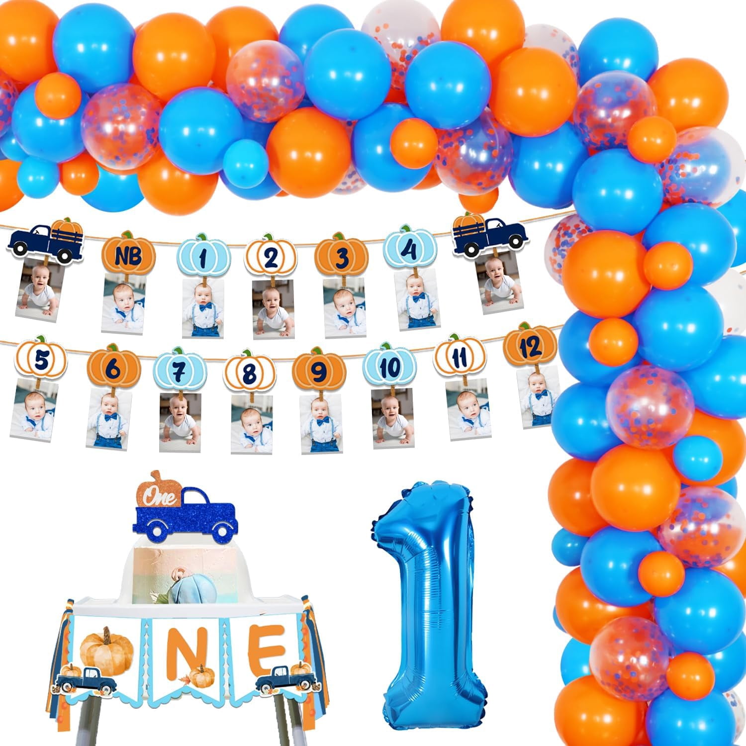 Pumpkin Truck 1st Birthday Decorations Blue Orange Balloon Garland Arch Kit Pumpkin Truck Theme Photo Banner Highchair Banner Glitter Cake Topper for Boys Autumn Fall First Birthday Party Supplies