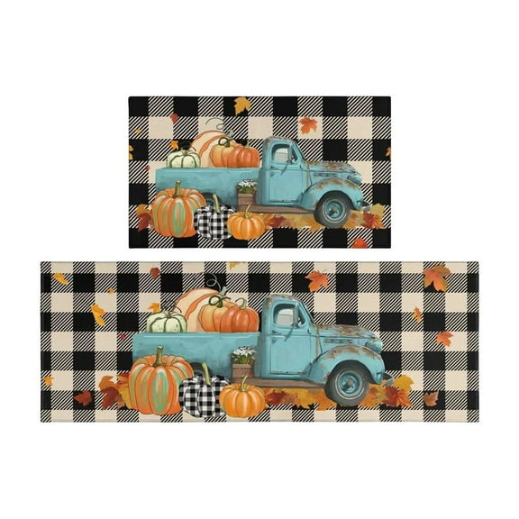 Pumpkin Truck Fall Kitchen Rugs Set of 2, Black and White Plaid Decorative Kitchen Harvest Mats for Floor, Autumn Thanksgiving Non-Slip Absorbent Rug and Door Mats-15.7x23.6 and 15.7x47.2 inch