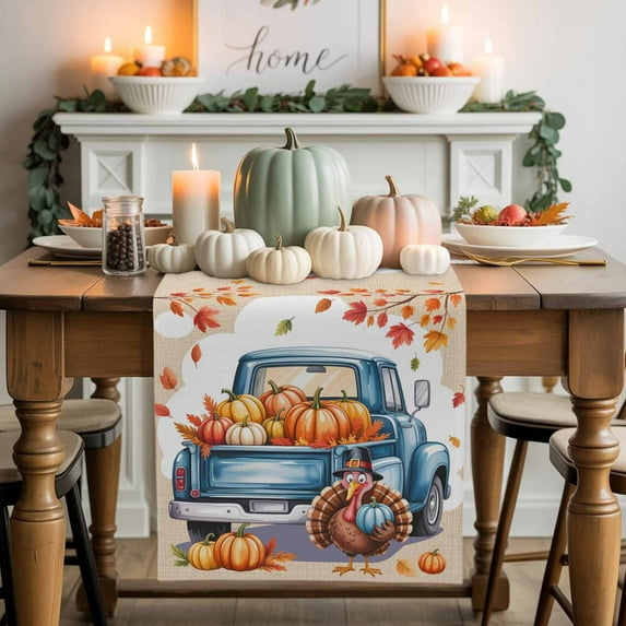 Pumpkin Truck Table Runner, Autumn Thanksgiving Kitchen Dining Table Decoration for Home Party Decor 13x108 Inches