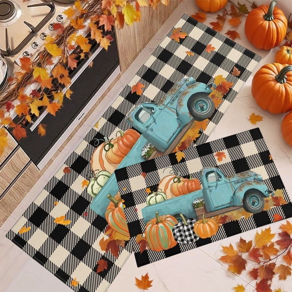 Pumpkin Truck Welcome Mat Kitchen Floor Mats, Kitchen Rugs 2 Piece Set, Washable Non-Slip, Fall Home Decor, Fall Pumpkin Truck Mats for Floor Decoration