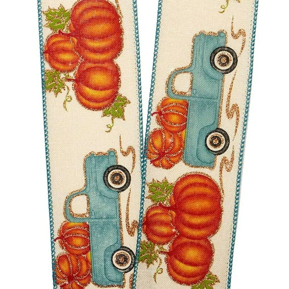 Pumpkin Truck Wired Thanksgiving Ribbon - 2 1/2 Inches Wide X 10 Yards (56000007)