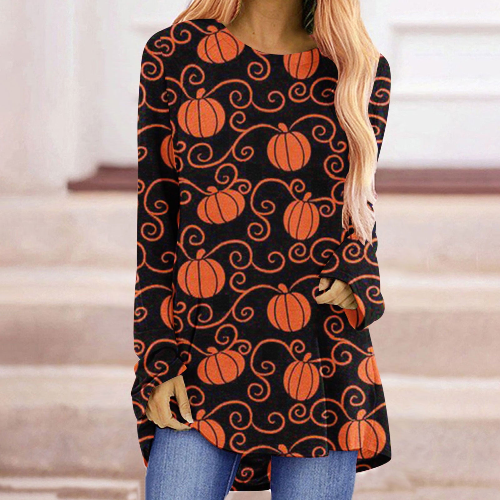 Pumpkin Tunic Tops for Women Halloween Crewneck Long Sleeve Long Tunics to Wear with Leggings T