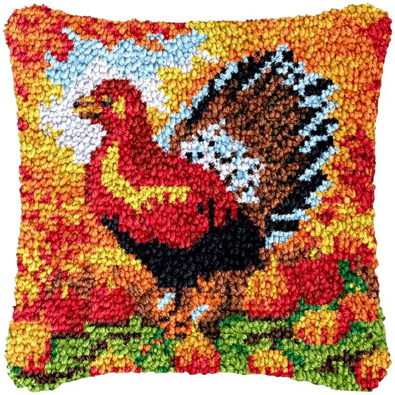 Pumpkin Turkey Latch Hook Pillowcase Kits for Adults and Starter DIY Cushion Cross Stitch Latch Hook Rug Kits with Preprinted Canvas Crochet Yarn Kits Needlework Crafts 17'' X 17''
