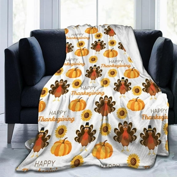 Pumpkin and Turkey Throw Blanket Super Soft Lightweight Fall Leaf Thanksgiving Day Flannel Blanket for Sofa Couch Bed,Ultra Warm Cozy Blankets for All Seasons 80"X60"