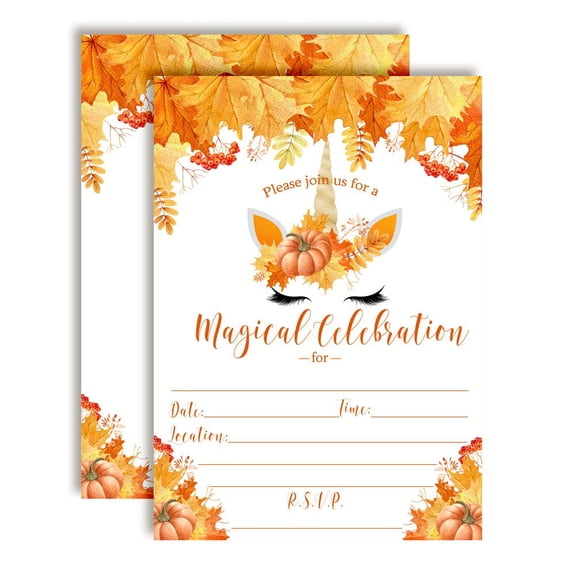 Pumpkin Unicorn Face Fall Leaves Birthday Party Invitations