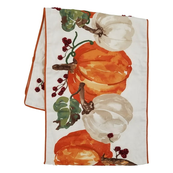 Pumpkin Vine Autumn Table Runner with Beaded Berries, 14" x 72" Fall Decor