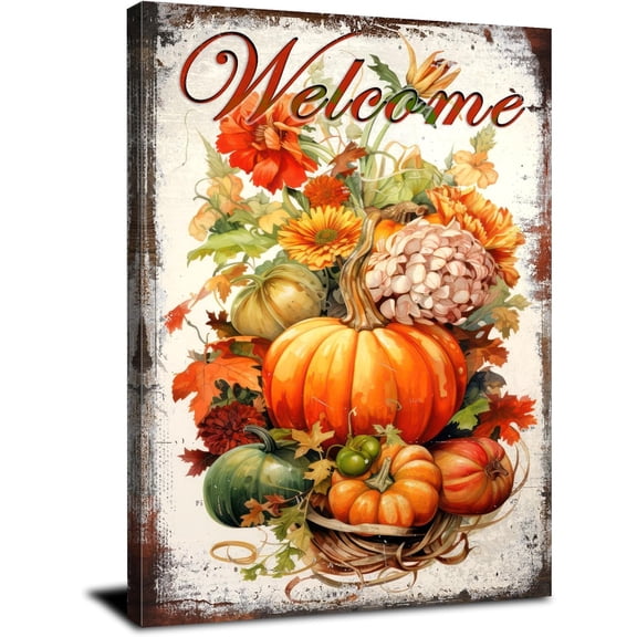 Pumpkin Wall Art Rustic Farmhouse Kitchen Dining Room Pictures Wall Decor Watercolor Halloween Canvas Prints Fall Harvest Theme Poster Welcome Sign Artwork for Living Room Home Decorations 12x16"