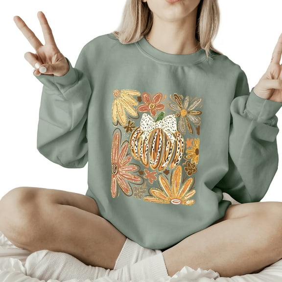 Pumpkin Weather Fall Sweatshirt Funny Women Thanksgiving Casual Long Sleeve Graphic Shirts Pullover Tops