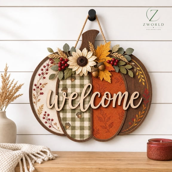 Pumpkin Welcome Door Hanger, Farmhouse Fall Door Sign, Rustic Autumn Porch Decoration, Thanksgiving Home Decor