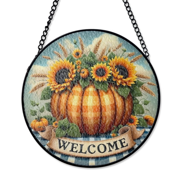 Pumpkin Welcome With Sunflowers Suncatcher Stained Glass Style UV Printed Glass Autumn Garden Decor Round