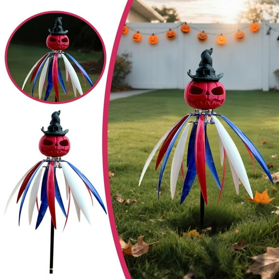 Pumpkin Windmill Metal Iron Outdoor Decoration, Wrought Iron Construction With Rolled Blades And Weather-Resistant Paint, Stable Ground Plug Design For Wind Rain Resistance And