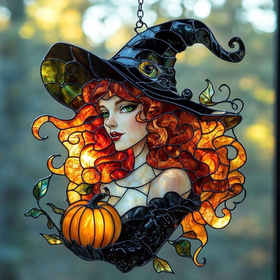 Pumpkin Witch Acrylic Window Hanging Faux Stained Glass Suncatcher Autumn Harvest Decor, Halloween Gift For Witch Lovers, Fall Accent