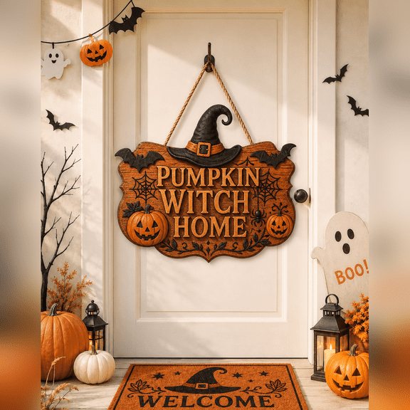Pumpkin Witch Burnt Orange Wooden Halloween Front Door Hanging Sign