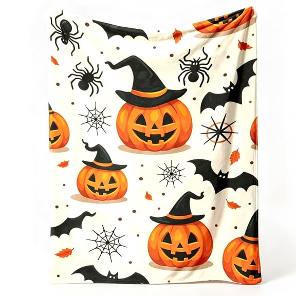 Pumpkin Witch Hat Halloween Throw Blanket for Couch, Soft Flannel Warm Cozy Decor Cover, Washable Blanket for Bedroom.