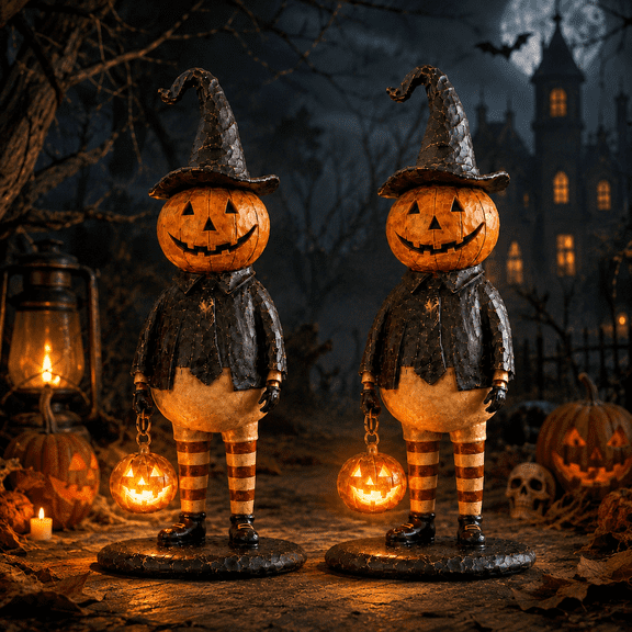 Pumpkin Witch Lantern Figurine, LED Glowing Hat & Staff, Wizard Resin Statue, Vintage Gothic Halloween Tabletop Decor