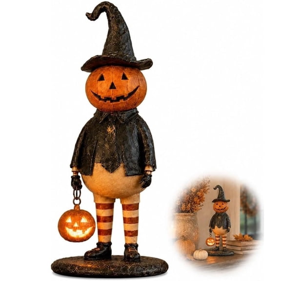 Pumpkin Witch Lantern Figurine, Spooky Whimsy Halloween Home Decor, Spook Pumpkin Lamp, Vintage Gothic Resin Statue, Glowing Hat Staff Wizard, Scary Handpainted Figure Gift
