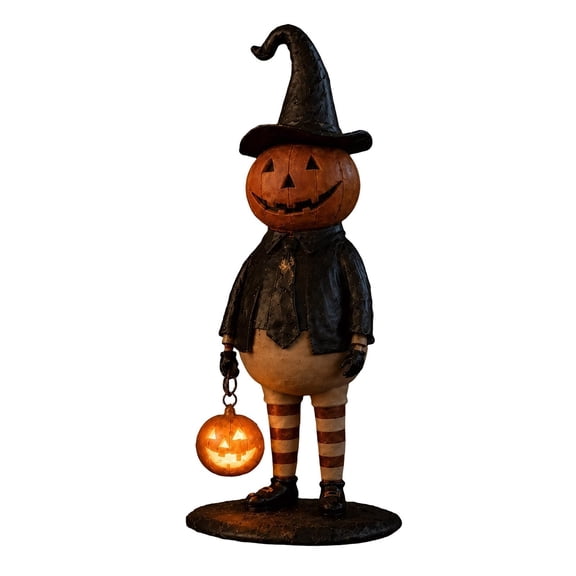 Pumpkin Witch Lantern Figurine, Spooky Whimsy Halloween Home Decor, Spook Pumpkin Lamp, Vintage Gothic Resin Statue, Glowing Hat Staff Wizard, Scary Handpainted Figure Gift 6.1"