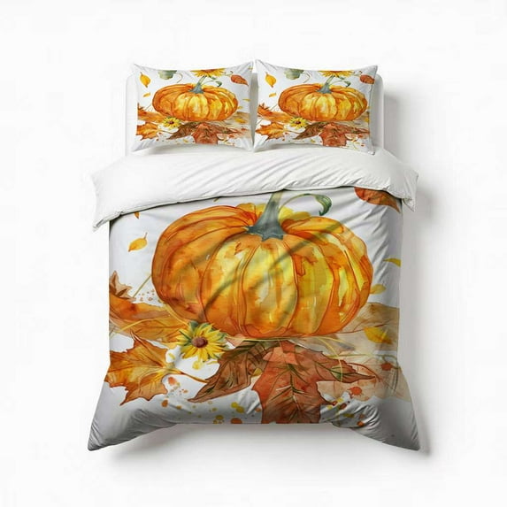 Pumpkin With Leaves Sunflower Watercolor Bedding Set 3 Pcs Soft Microfiber Quilt Cover For Bedroom Decor, Comforter Cover With 2 Pillowcase