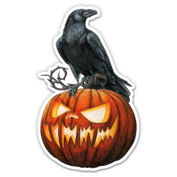 Pumpkin With Raven Halloween Theme - 5" Vinyl Sticker - For Car Laptop I-Pad - Waterproof Decal